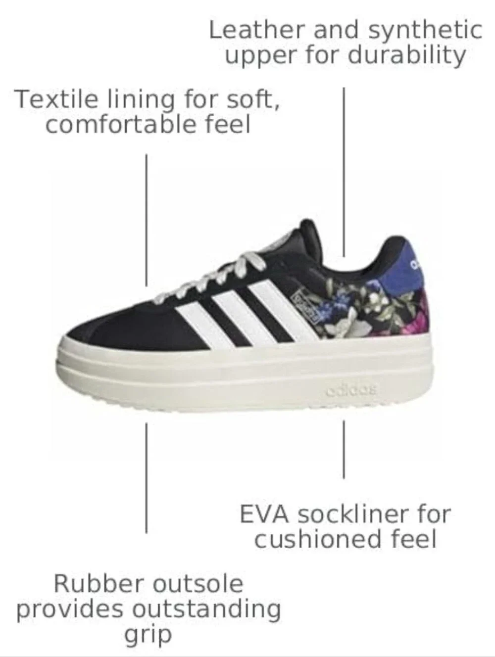 Adidas VL Court Bold Black Floral Platform Lace-Up Sneaker with White Stripes